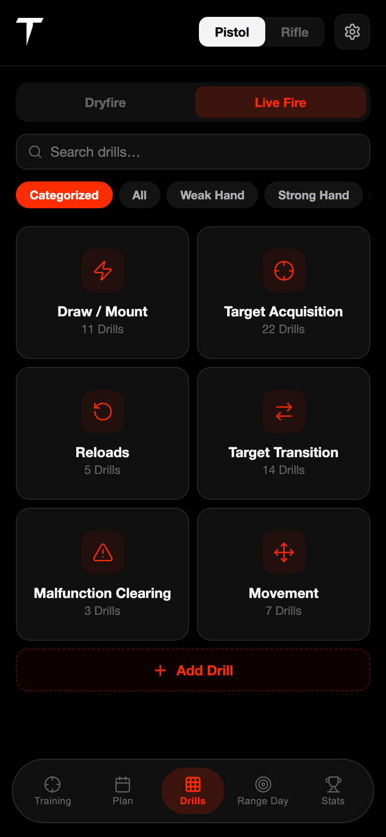 Dryfire Trainer — Live Fire drill categories