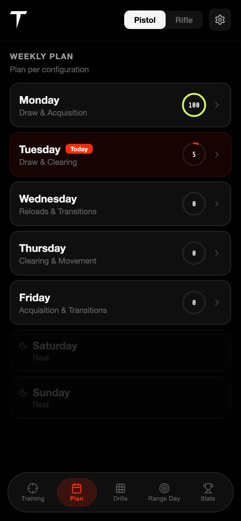 Dryfire Trainer — Plan screen