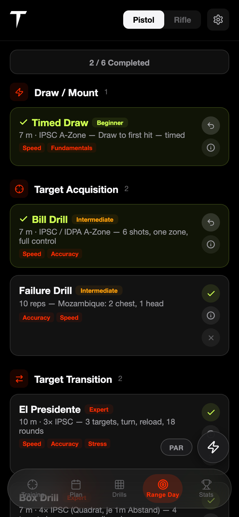 Dryfire Trainer — Range Day screen