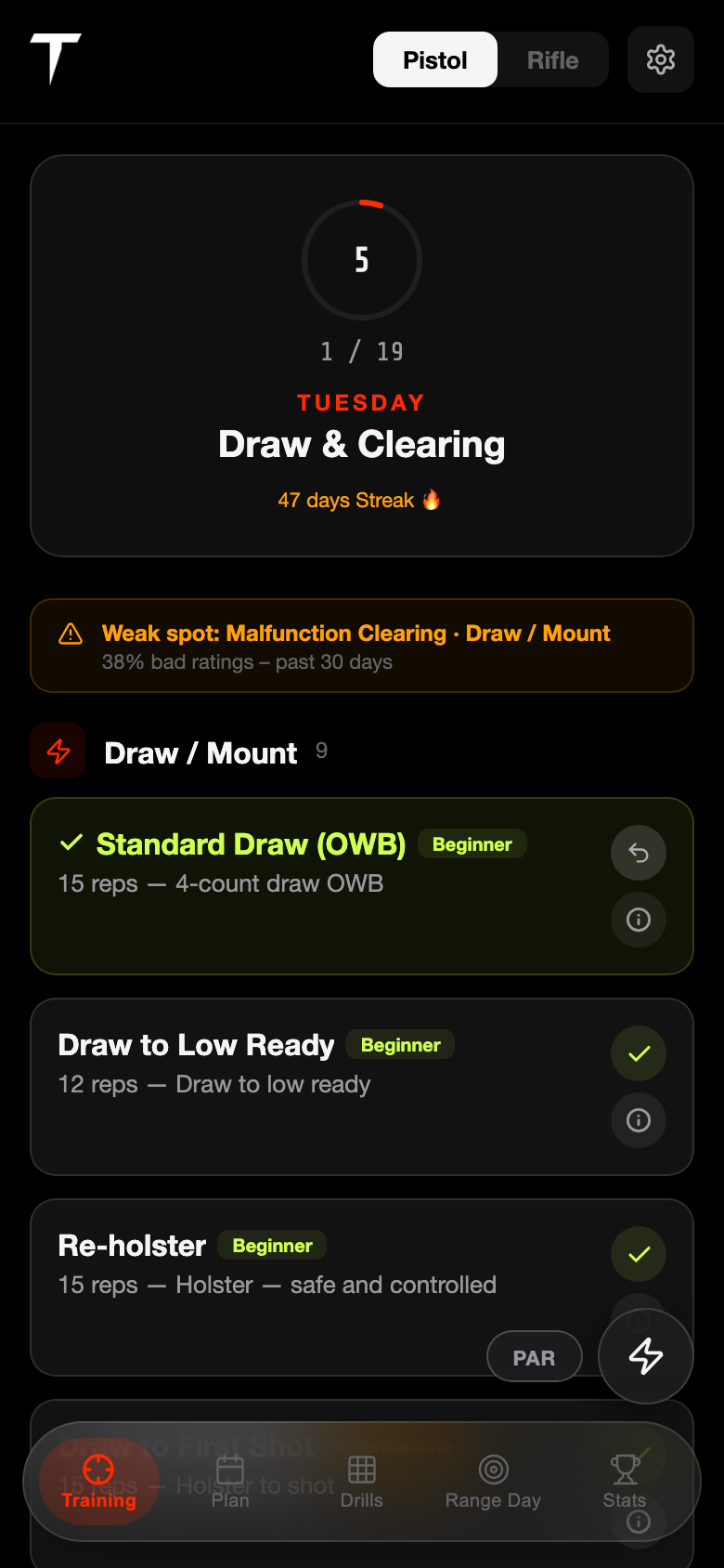 Dryfire Trainer — Today screen